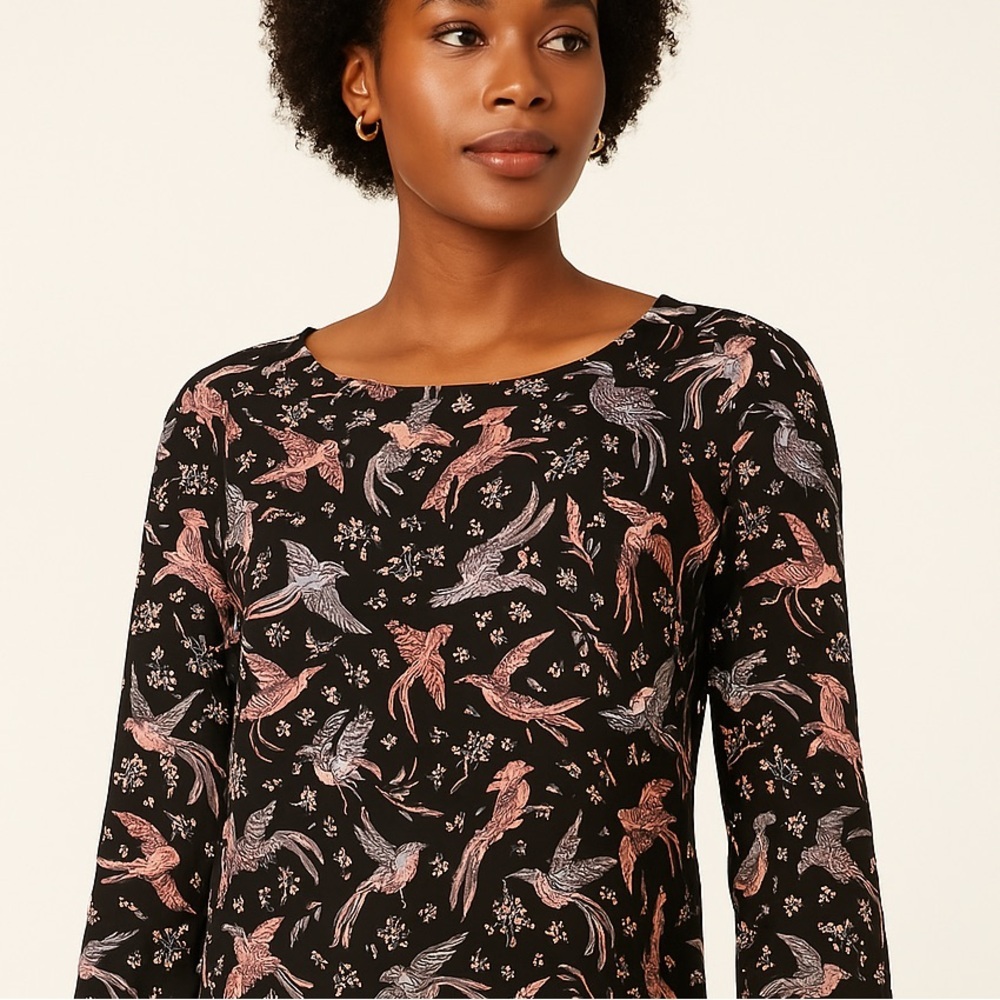 Women’s LOFT black bird printed long sleeve blouse size LP